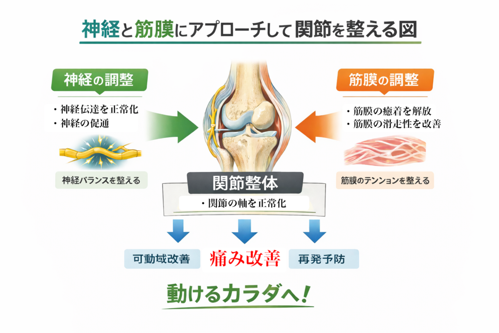 関越整体 川崎、神経と筋膜にアプローチして関節を整える図